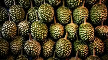 realistico foto di un' mazzo di durian. superiore Visualizza frutta scenario. ai generato