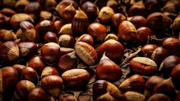 realistico foto di un' mazzo di castagne. superiore Visualizza noccioline scenario. ai generato