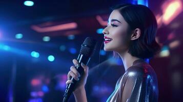 bellissimo ragazza nel karaoke club foto