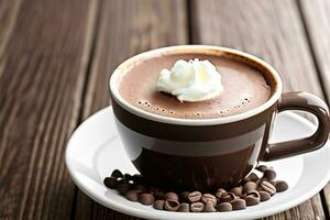 fragrante caldo cioccolato nel un' tazza su il tavolo nel un' caffè negozio. mondo cioccolato giorno. generativo ai. foto