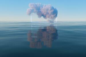 nube e geometrico figura galleggiante su il lago, 3d resa. foto