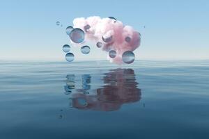 nube e geometrico figura galleggiante su il lago, 3d resa. foto