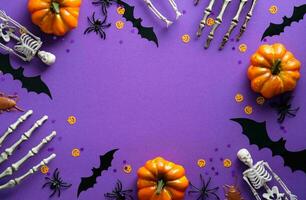 contento Halloween bandiera o festa invito sfondo con nuvole pipistrelli e zucche fotografie