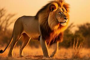 adulto maschio Leone in piedi nel il africano savana durante il d'oro ora di il giorno. ai generato foto