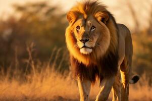 adulto maschio Leone in piedi nel il africano savana durante il d'oro ora di il giorno. ai generato foto