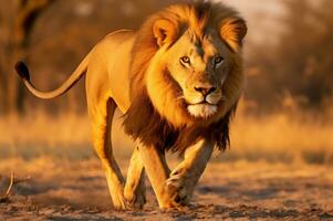 adulto maschio Leone in esecuzione nel il africano savana durante il d'oro ora di il giorno. ai generato foto