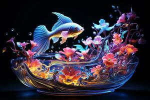 generativo ai Immagine di bellissimo decorativo pesce nuoto su pesce ciotola con floreale fiori foto