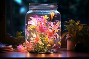 generativo ai Immagine di bellissimo rosa giglio fiori su vaso con neon illuminazione foto