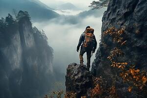 indietro Visualizza di un' uomo arrampicata un estremo scogliera nel nebbioso freddo tempo metereologico ai generativo foto