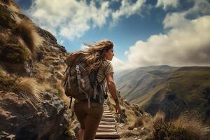 avventuroso coraggioso donna arrampicata su il collina con natura Visualizza a luminosa giorno ai generativo foto