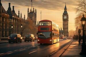 rosso autobus nel città strada con orologio Torre grande Ben sfondo nel Londra ai generativ foto