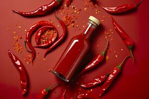 Tabasco caldo Pepe salsa con rosso chili Pepe, piatto posizione. generativo ai foto