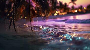 spiaggia con onde e Noce di cocco alberi a tramonto. generativo ai foto