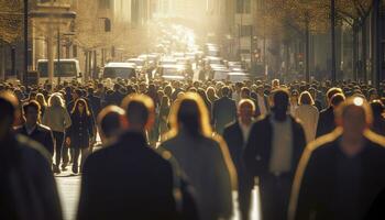 folla di persone a piedi occupato città strada retroilluminato. generativo ai foto