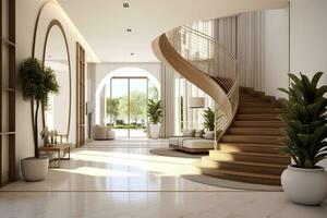 il interno design di il moderno Ingresso sala con un' scala nel il villa. ai generato foto
