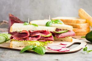 fresco panini con pasticcini, cetriolo e ravanello su un' taglio tavola. americano merenda. rustico stile foto