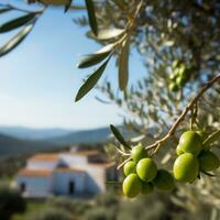 oliva ramo nel un' rurale paesaggio con mediterraneo case nel il sfondo foto
