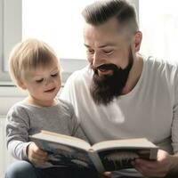 padre e figlio siamo lettura un' libro e sorridente mentre la spesa tempo insieme a casa foto