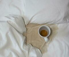 un' rovesciato tazza di tè su il letto. un' tazza accidentalmente abbattere su un' bianca foglio. cattivo, cattivo prima colazione. un' bagnato individuare foto