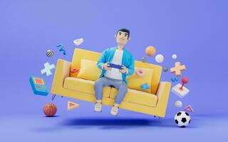 un' cartone animato uomo giocando gioco nel divano, 3d resa. foto