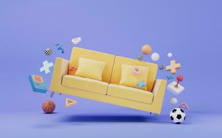 divano e giocattoli, ricreazione e rilassamento concetto, 3d resa. foto