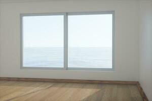 il vuoto camera con di legno pavimento. su di il finestra è il mare. 3d resa. foto