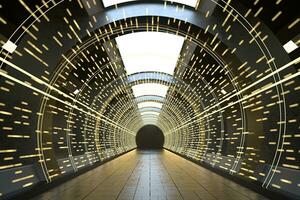 buio il giro tunnel con raggiante neon luci, 3d resa. foto