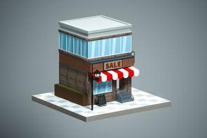 cartone animato negozio, moderno negozio costruzione, 3d resa. foto