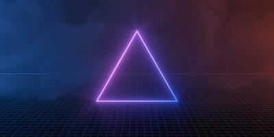 viola neon triangolo laser linea con buio sfondo, 3d resa. foto