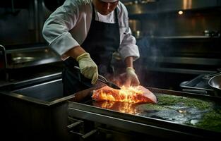 nel il Aperto cucina di il ristorante, un' qualificato capocuoco è preparazione un' delizioso fiammeggiare salmone filetto. foto