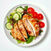 salutare cheto pranzo concetto pollo filetto con insalata, superiore Visualizza su bianca sfondo. foto