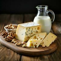 cuneo di svizzero formaggio con brocca di latte su un vecchio di legno tavolo. avvicinamento di tavola con formaggio, latte brocca, noccioline e miele su un' bianca sfondo foto