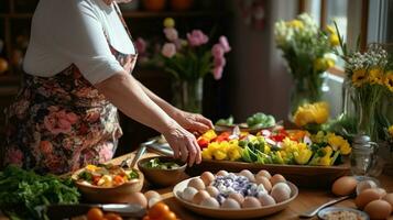 donne preparare festivo cene, e Pasqua brunch. tradizionale Pasqua piatti su il famiglia casa tavolo - al forno carne, quiche, primavera insalata, focaccina, colorato uova, caldo attraversare panini. foto