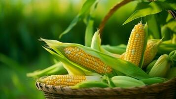 orecchie di maturo Mais nel un' cestino su un' sfondo di verde erba. avvicinamento sparo. concetto di agricoltura e produzione di naturale eco-prodotti. foto