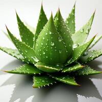 aloe vera, fresco su bianca o verde sfondo con acqua gocce ago affilato, spinoso bevanda foglia vicino su le foglie petali generativo ai foto