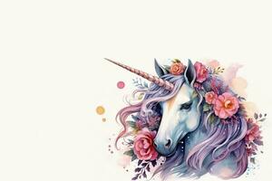 carino unicorno con fiori isolato su un' bianca sfondo acquerello illustrazione foto