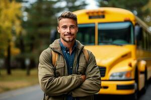 fiducioso autista uomo in piedi contro scuola autobus foto