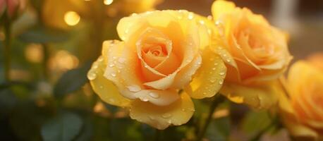 giallo rosa fiore nel il giardino di fiori e luce del sole con bokeh, generativo ai foto