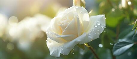 bianca rosa fiore nel il giardino e luce del sole con bokeh, generativo ai foto