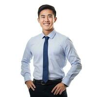 giovane asiatico uomo, professionale imprenditore in piedi nel ufficio capi di abbigliamento isolato foto