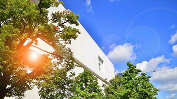 moderno bianca calcestruzzo edificio muri contro blu cielo. eco architettura. verde alberi e calcestruzzo ufficio costruzione. il armonia di natura e modernità. foto