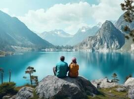 coppie guardare a un' lago nel il montagne foto