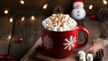 un' Natale boccale di caldo cioccolato con poco pupazzo di neve sagomato marshmallows foto