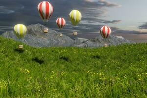 volante aria calda Palloncino al di sopra di il erba campo, 3d resa. foto