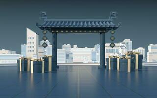 Cinese cancello con bianca modello cittadina, tradurre benedizione, 3d resa. foto