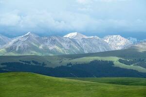 prateria e nevoso montagna nel un' nuvoloso giorno. foto nel kalajun prateria nel xinjiang, Cina.