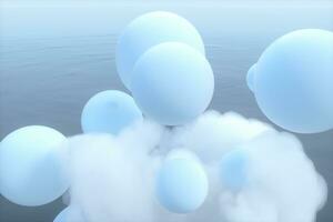 palle e nuvole galleggiante su il lago, tranquillo scena, 3d resa. foto