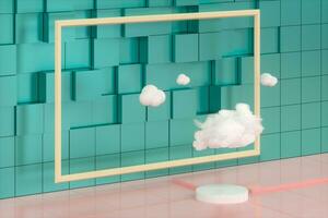 cartone animato nuvole e cartone animato cubi, geometria stanza, 3d resa. foto