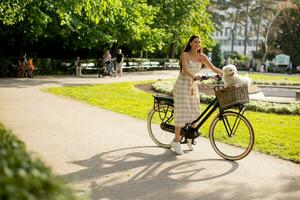 giovane donna con cane bianco bichon frise nel cestino della bici elettrica foto