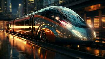 un' alto velocità moderno treno cavalcate su rotaie e consegna merce e persone di rotaia. ai generato foto